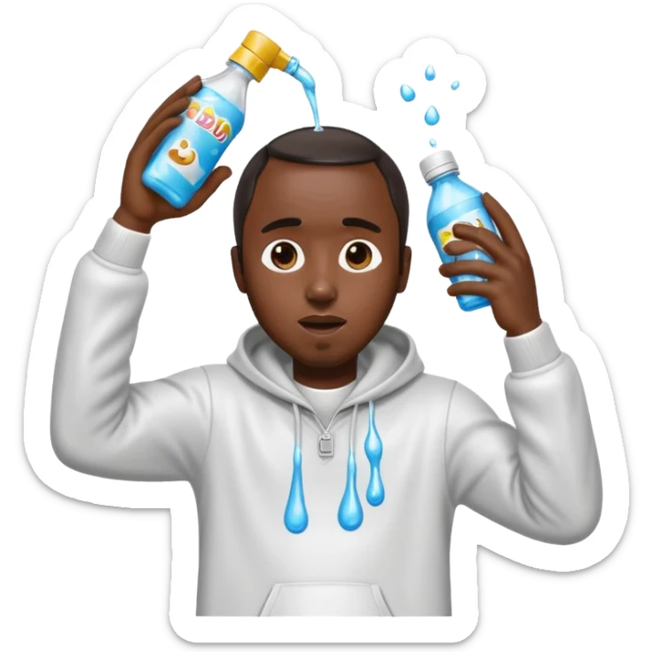 Diddy holding a bottle of baby oil, pouring it over his head, with the liquid mid-motion and dripping all over, emoji style sticker