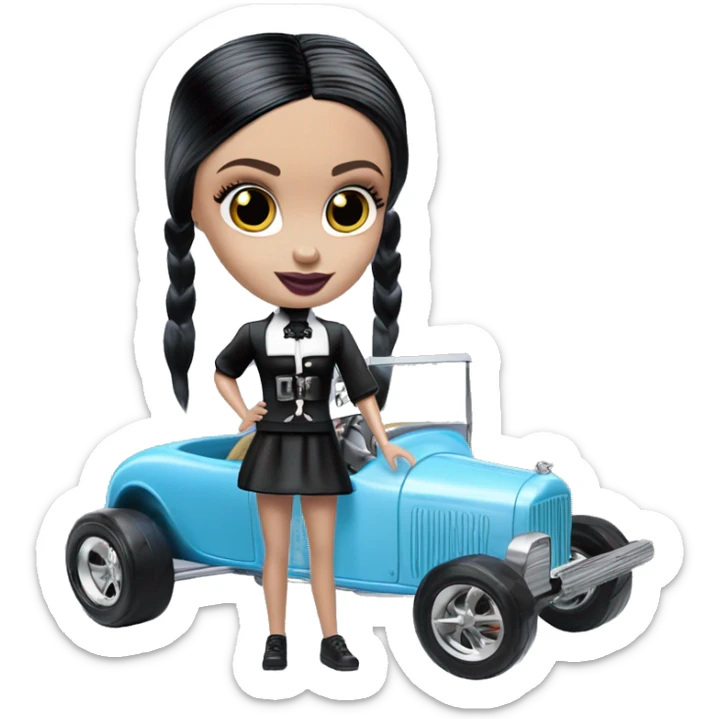Side view Baby blue Wednesday Addams Barbie Hot wheels Bone Shaker street rod sticker