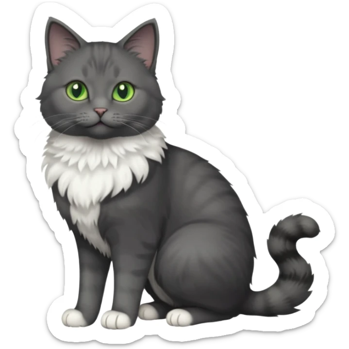 full body view of beautiful female dark grey cat with green eyes, white toes and white chest sticker