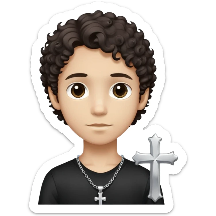 un chico de tono de piel clara y de un físico delgado, ojos oscuros, cabello castaño súper oscuro, cabello entre ondulado y crespo (de tamaño mediano), camisa negra y un collar con una cruz de plata sticker