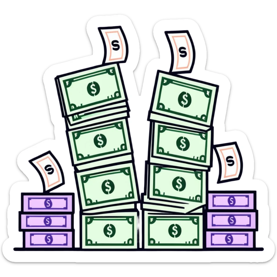 upward trending arrow beside three stacks of bundled dollar bills in ascending height sticker