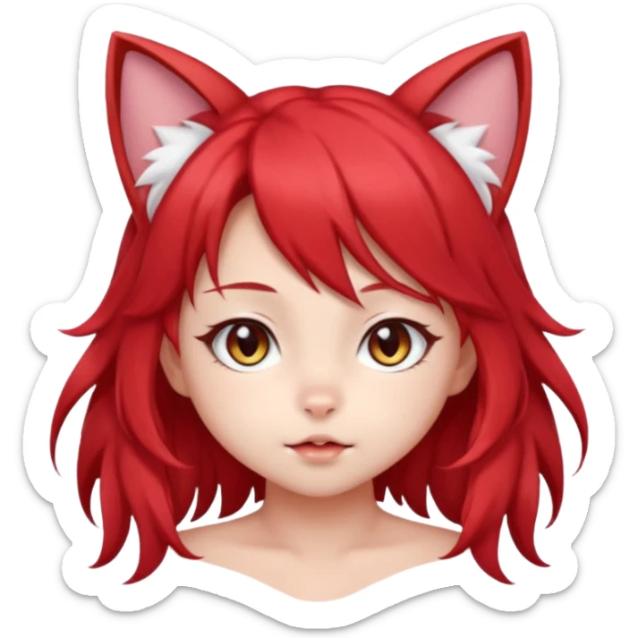 very cute anime cat-girl with small cat ears, red blowing hair sticker