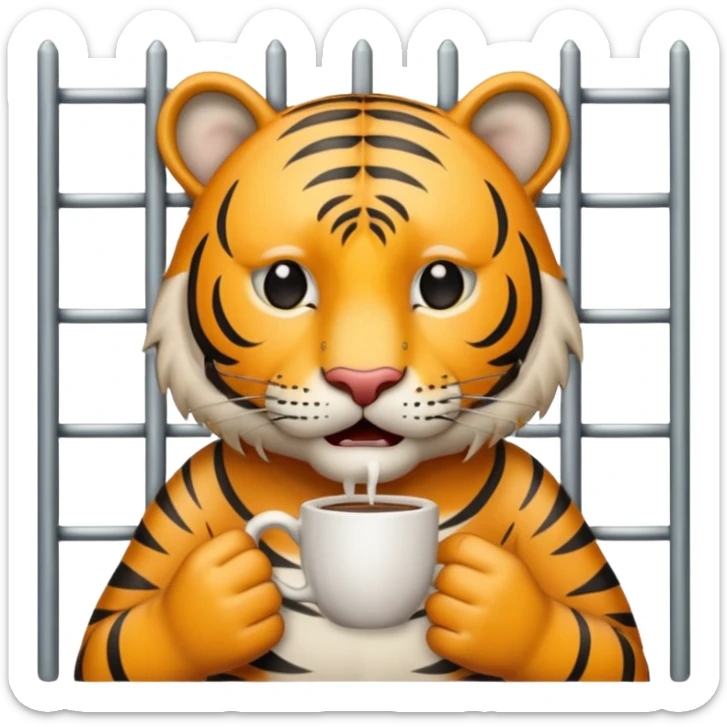 a tiger crying with tears in its eyes holding a cup of coffee behind jail bars  sticker