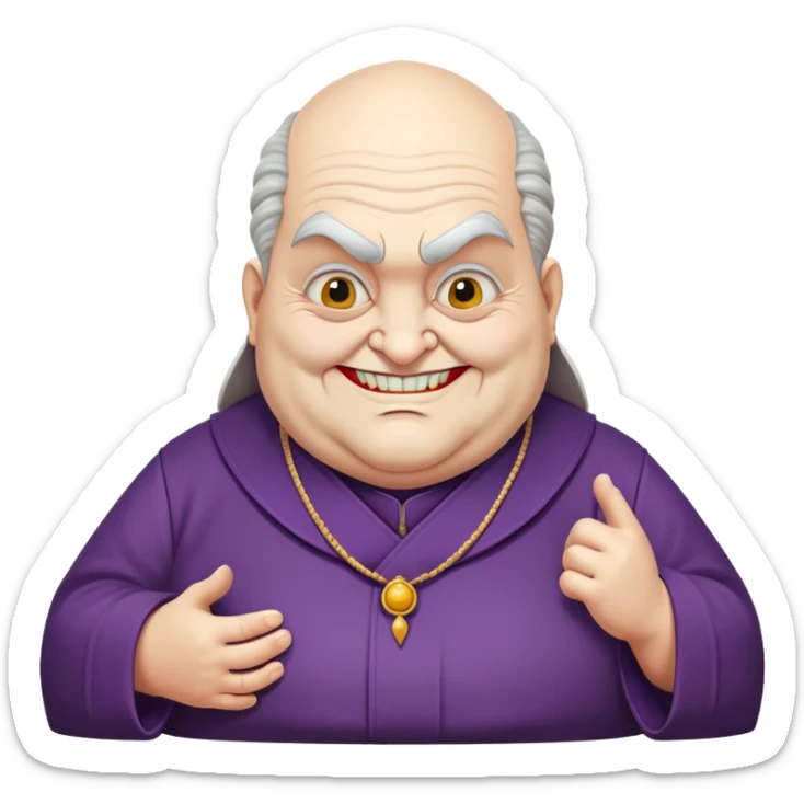 creepy old temple priest, overweight, sly closed smile, Joker-like bent stance sticker