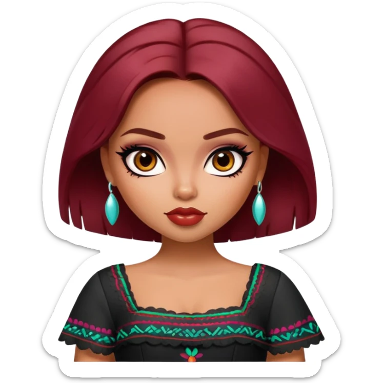 pretty bratz girl, dark red hair,  mexican, brown eyes, black eyeliner, mexican skin sticker