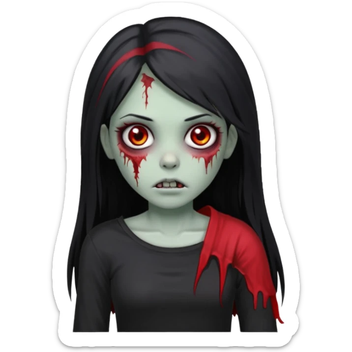Garota zumbi com cabelo todo preto liso longo e mechas vermelhas na lateral da cabeça dos dois lados, usando uma blusa com um lado da manga caida preta  sticker