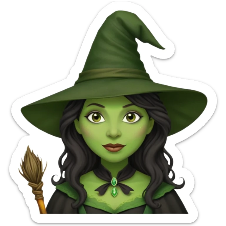 elphaba the wicked witch from wicked movie (cynthia erivo) dark long curly hair, thick lips, wide nose, green skins, witch hat, witch broom, evil, wicked musical film, evil smirk sticker
