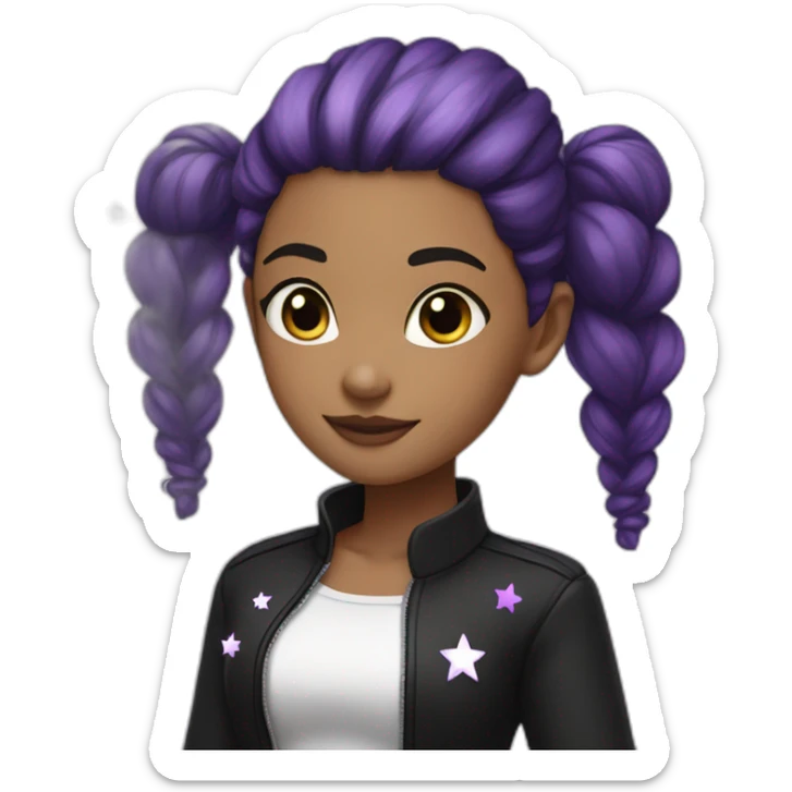 girl with black high twintails, black jacket and white top, purple stars in her hair sticker