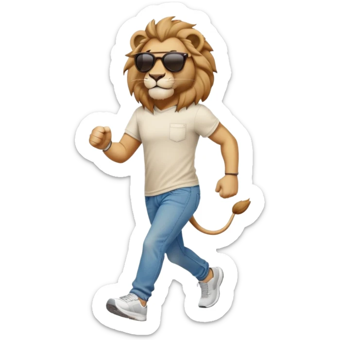 friendly anthropomorphised lion in jeans and a t-shirt, wearing dark sunglasses, jogging upright in relaxed pose sticker