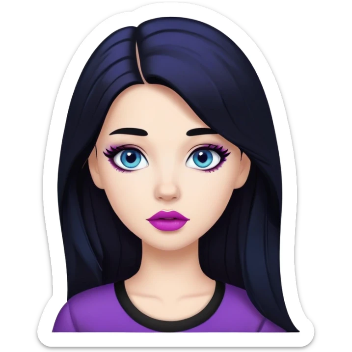 A white girl with dark ocean blue eyes, with long black hair, with a beautiful black makeup, half pink mouth and a black blouse with the name "Justin Bieber" written in purple sticker