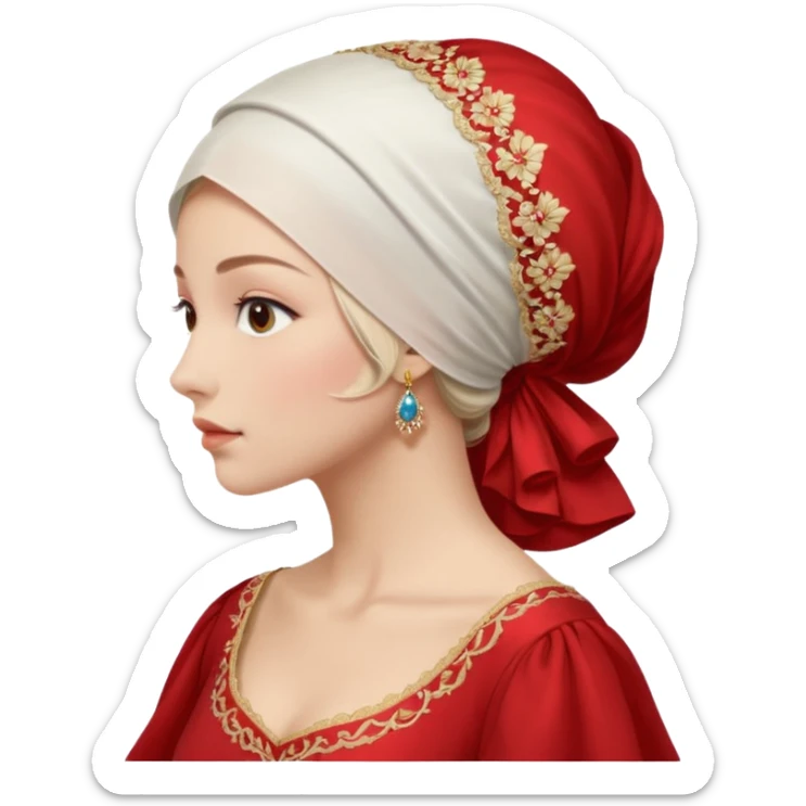 mujer de perfil con un vestido rojo de manga y falsas largas y voluptosas, y una toca blanca que cubre su cara sticker