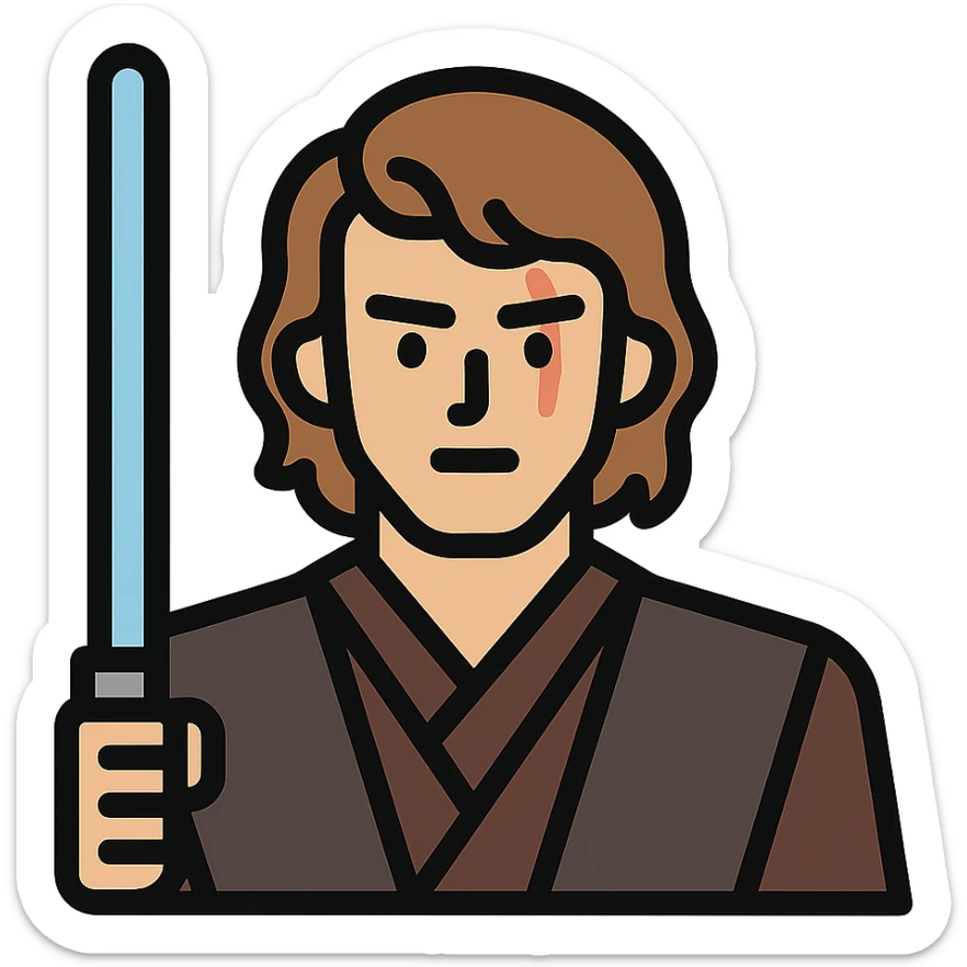 Anakin Skywalker from Revenge of the Sith as a color outline icon, featuring his blue lightsaber, Jedi robes, and facial scar, with subtle color accents sticker