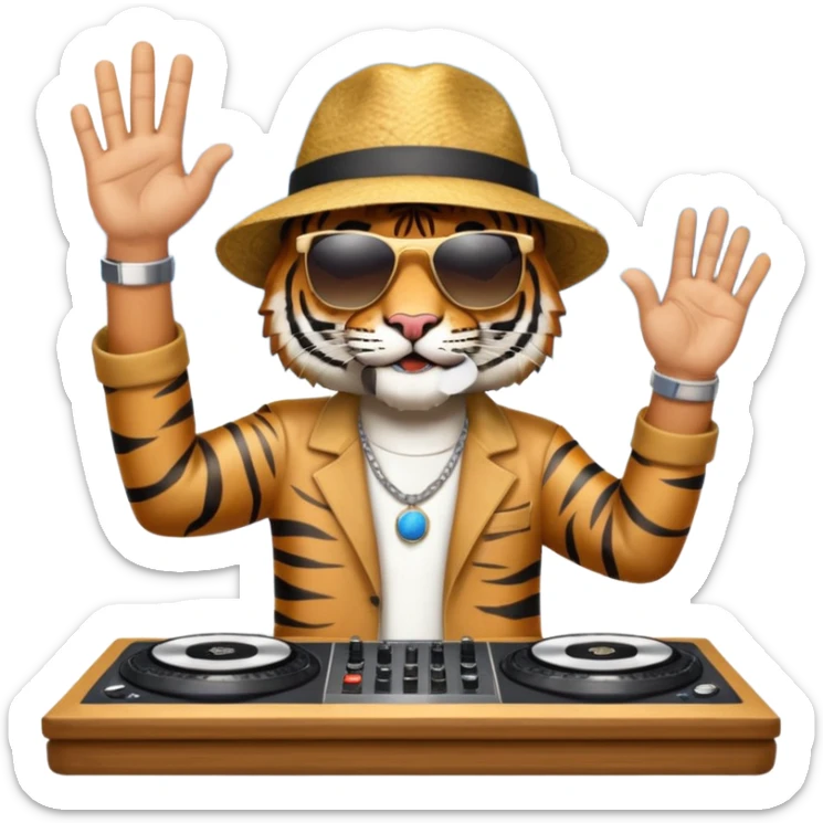 Un tigre con sombrero estilo cubano, una mesa de dj y gafas de sol. Una mano en la mesa de dj y la otra mano señalando al cielo a Dios. La otra mano encima de la mesa de dj por favor  sticker