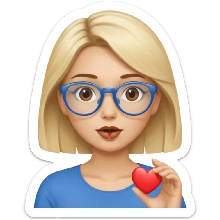 Asthectic Blonde women with brown eyes, blue glasses, waering a brown top, blowing a kiss with a small heart around her. sticker