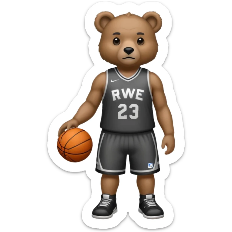 Bear with full body and wearing basketball black and gray jersey that says RWE  sticker