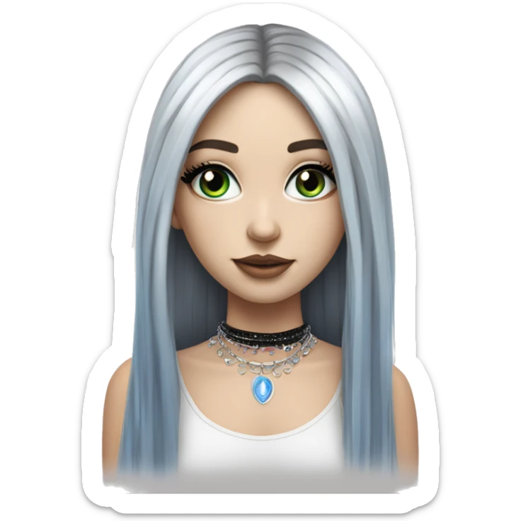 Hyperrealistic white girl with blue eyes and long black hair with rainbow fringe. Wearing cute black & silver choker necklace has dark eye makeup on her eyes sticker