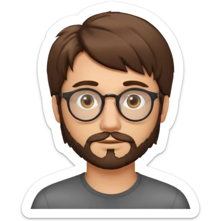 young caucasian man with brown eyes, shaggy brown hair, some facial hair, and round glasses sticker