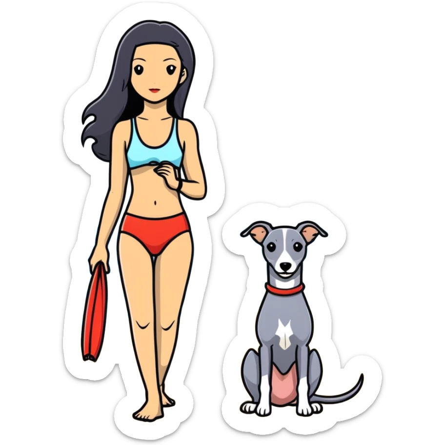 Slim Chinese woman with long black hair in appropriate beach attire at the beach with her completely solid grey Italian greyhound, the dog has absolutely no white markings anywhere, not on face or paws, solid grey color throughout entire body sticker