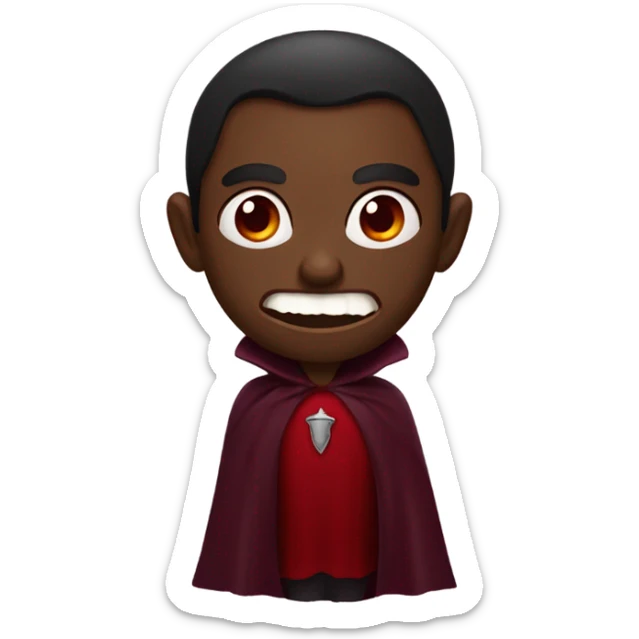 vampire, with brown skin red eyes, with two fangs wearing a burgundy and red  cape sticker