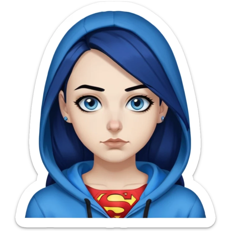 Laughing-30-year-old-adult-long-straight-dark-blue-hair-black-ends-blue-eyes-thick-black-eyeliner-really-thick-really-long-eye-lashes-sky-blue-superman-no-ears-hoodie-sweatshirt-nose-piercing-lip-piercing sticker