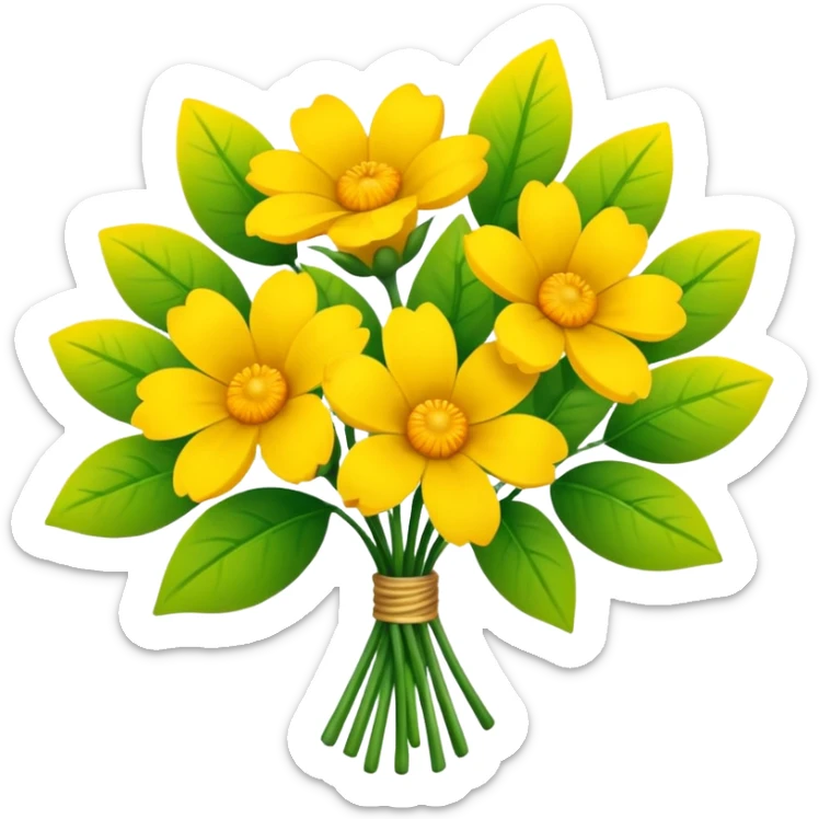Generate a high-quality image of a bouquet of flowers dominated by yellow blooms, with a mix of green leaves, realistic colors and shading, smooth gradient colors, no human figures, no facial features, no brand markings, simple white background, high-resolution.
 sticker