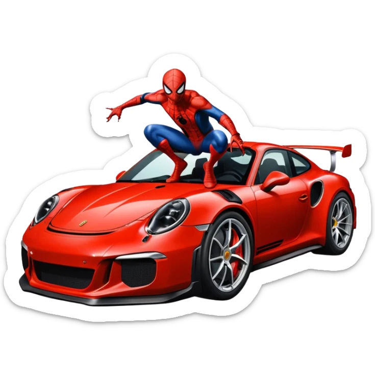 Die-cut sticker of Spider-Man sitting on a Porsche 911 GT3 RS, bold vector art, thick white border, isolated on green hilly background. sticker