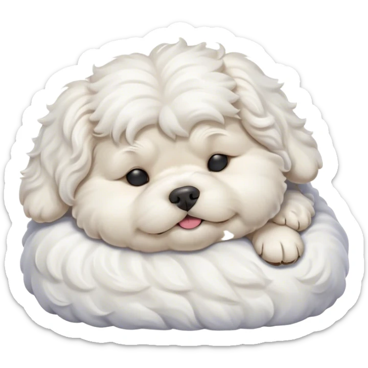 Cinematic Meme-Worthy Chubby Sleeping Wavy-Haired Maltese Dog Portrait Emoji, Head resting peacefully with a contented smile, featuring a delightfully chubby build and a luxuriously soft, wavy-haired white coat, eyes shut in a serene nap, Simplified yet hilariously adorable features, highly detailed, glowing with a soft, drowsy light, high shine, relaxed and utterly lovable, stylized with an air of playful laziness, bright and endearing, soft glowing outline, capturing the essence of a comically sleepy companion, so meme-worthy it feels like it could instantly become the next viral sensation of adorable slumber! sticker