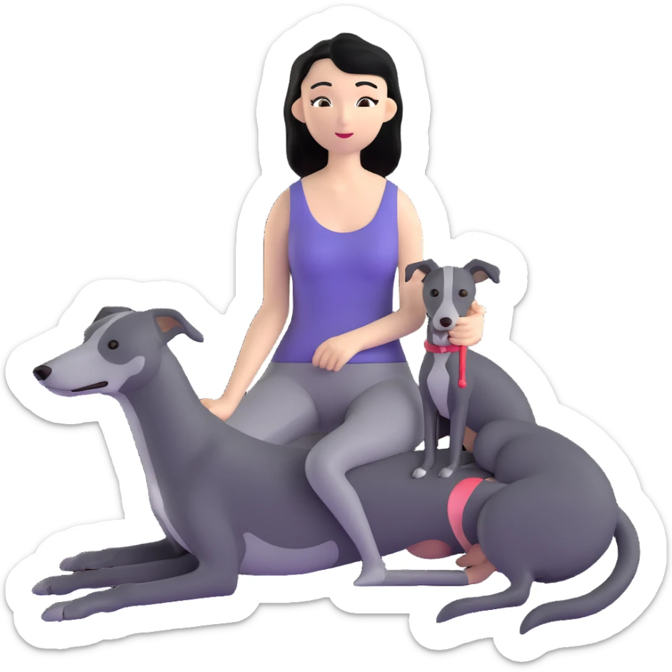 Very thin Chinese woman with long black hair relaxing in a luxurious hotel suite with exactly ONE whippet dog. EXTREME IMPORTANCE: the whippet must be ONE SOLID VERY DARK CHARCOAL GREY COLOR from nose to tail with ABSOLUTELY NO WHITE MARKINGS anywhere - NO white on face, NO white on muzzle, NO white on chest, NO white on paws, NO white on tail - NOTHING BUT A SINGLE SHADE OF VERY DARK GREY throughout the entire animal sticker