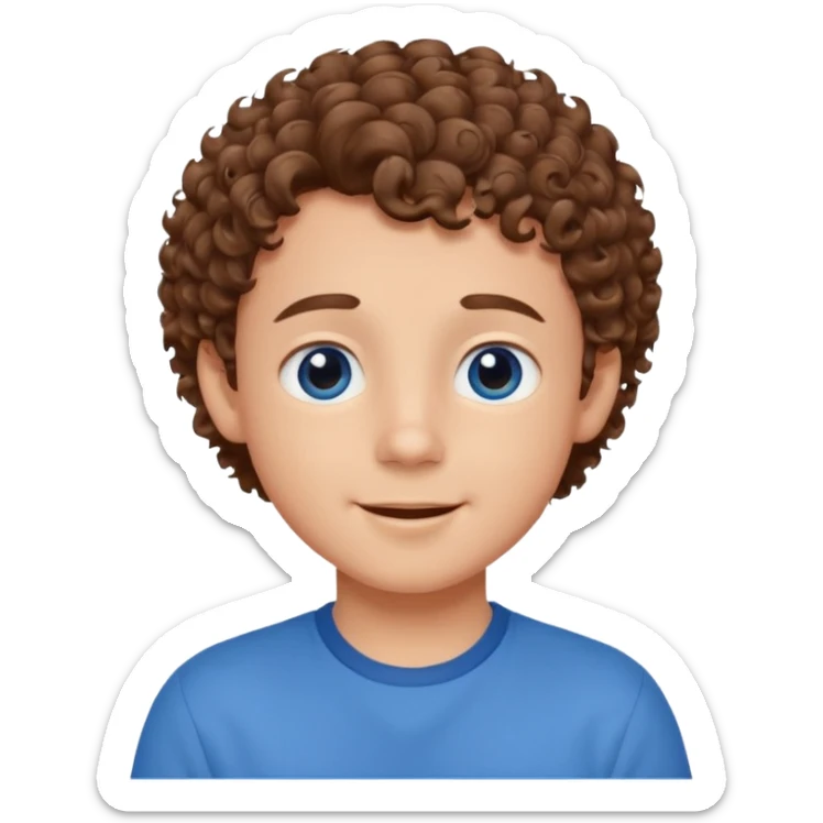 cute boy happy with heart eyes curly short brown hair blue shirt sticker