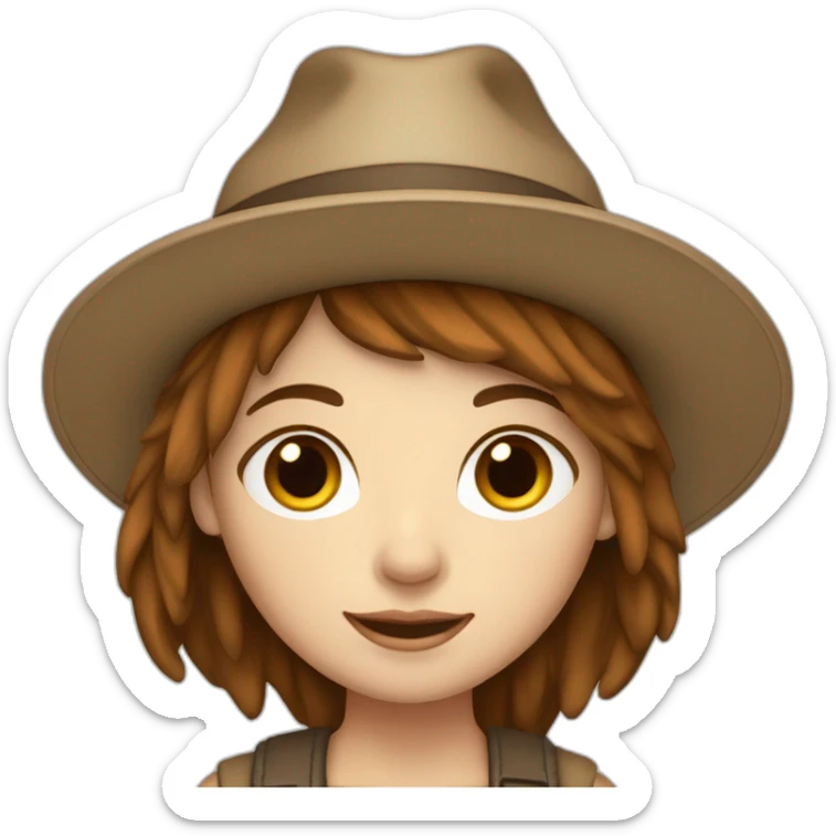 white skin, Girl with a hat, brown hair straight to the shoulders, holding a laptop sticker