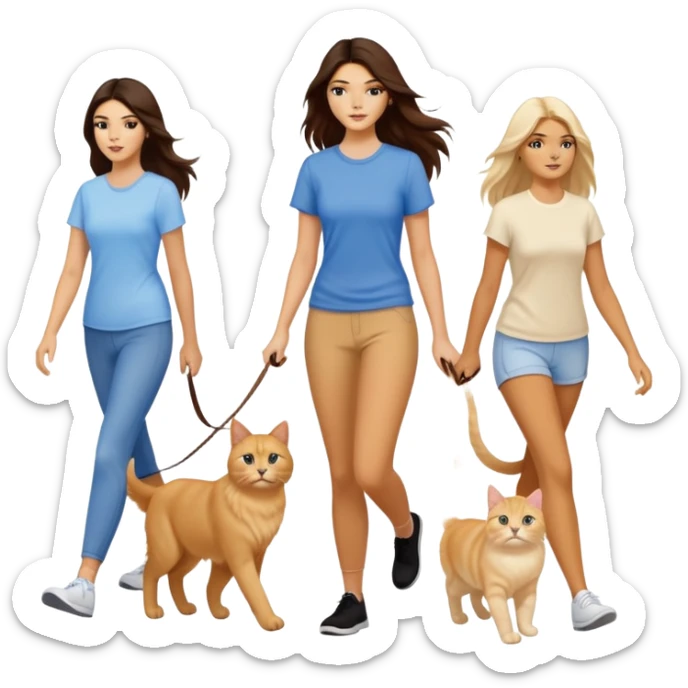Kendall Jenner with long brown hair walking a golden retriever dog and three cats, two cream colored cats and one white and blue cat sticker