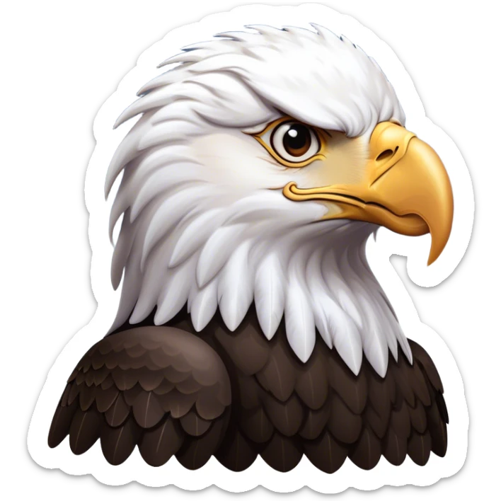 Cinematic Noble American Eagle Portrait Emoji, Poised and regal, with a powerful, broad build, a distinctive white-headed silhouette contrasting a dark, formidable body, and piercing, intense eyes, Simplified yet sharp and sophisticated features, highly detailed, glowing with a soft, majestic radiance, high shine, intelligent and commanding, stylized with an air of national pride, focused and vigilant, soft glowing outline, capturing the essence of a watchful and confident American eagle that appears ready to soar out of the screen with effortless authority! sticker