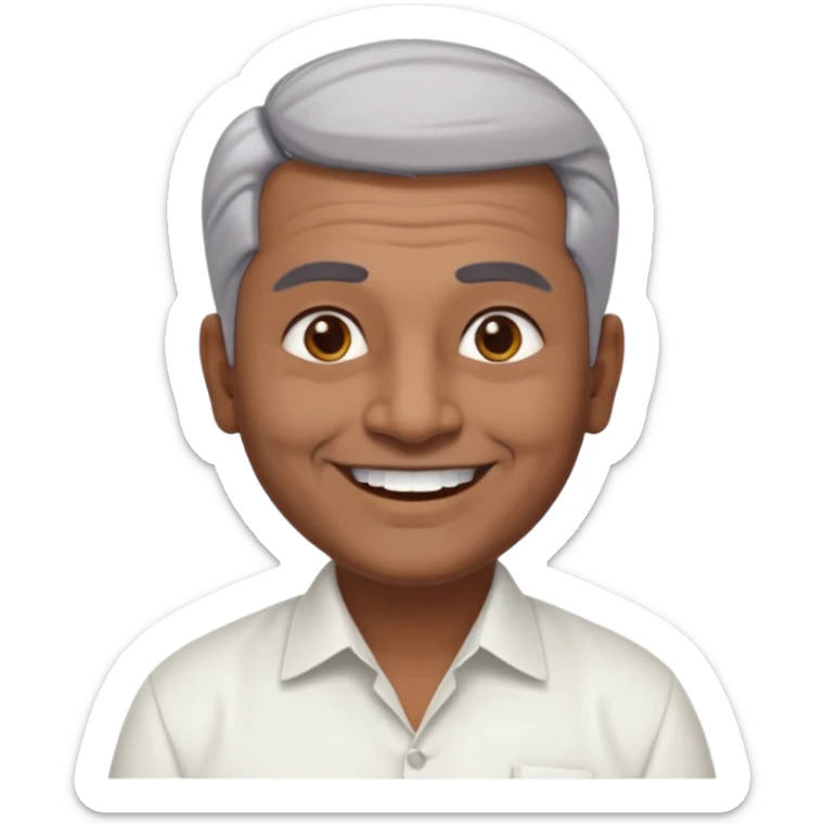 50 yr old indian man, dark skin, grey hair, big smile, white teeth, chubby, no moustache, clean shaven, young style hair, hair brushed back, 5 oclock shadow, bindy, dress shirt, forehead dot sticker