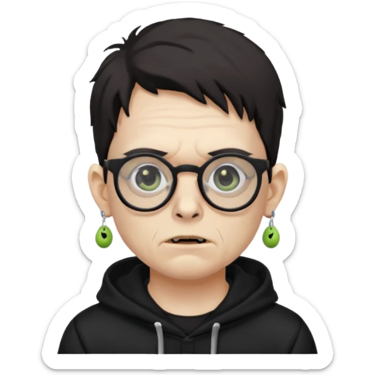 Chico moreno zombie, con gafas y sudadera negra, dos aretes en la oreja izquierda y dos en la derecha, ojeras en los ojos y sticker