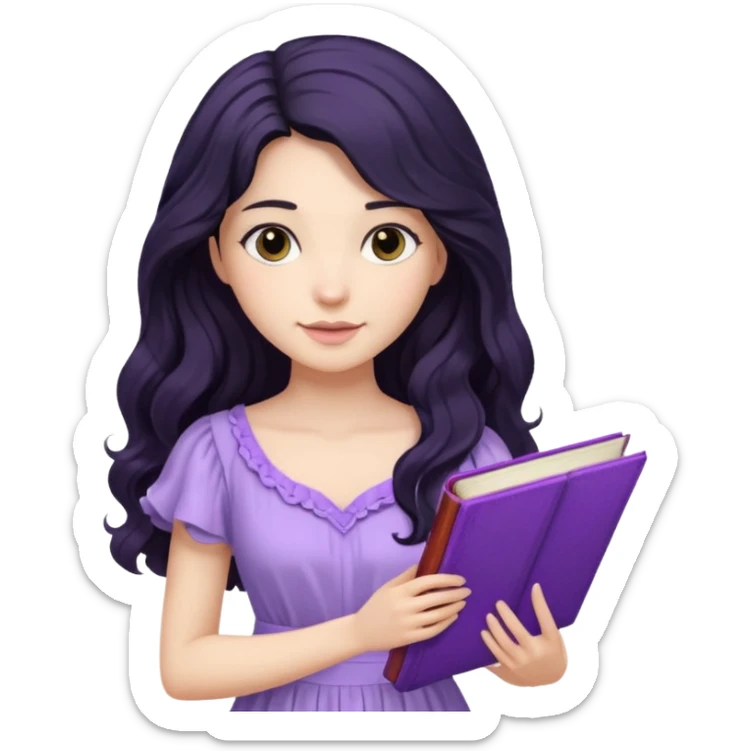 Long Hair Women with purple Book, Black wavy hair, light dress sticker