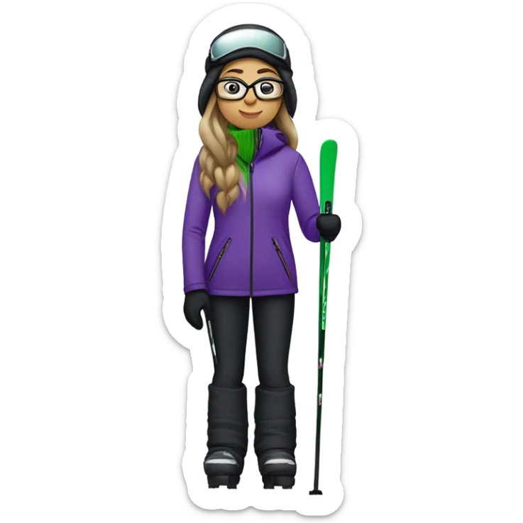 Green-eyed, slightly overweight female skier with long straight hair, glasses, purple snow jacket, long black pants, black only snow boots, black skis standing tall. sticker