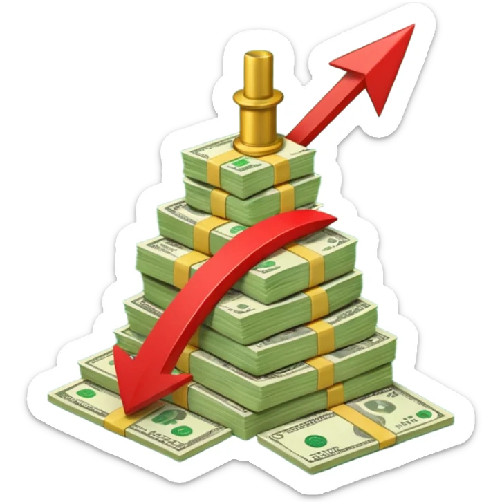 a pile of money infront of strategy paper with red arrow up sticker