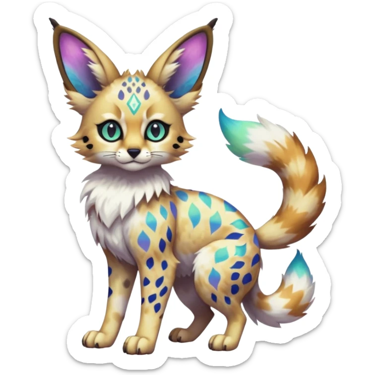 Rare iridescent white exotic epic aesthetic colorful Trico-Eevee-Serval-Genet-species-Fakemon-hybrid-creature, with intricate tattoo markings, full body sticker
