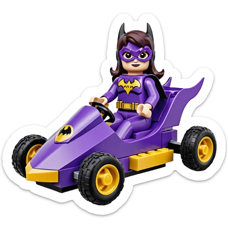 Hot full size real-appearance retro electric racing action BatGirl’s Lego feminine midnight-purple tight outfit sixty’s tv show 1992 stealthy retro sporty safe plush petite off-road pursuit cruiser car rose gold accents (black hair,reclined and relaxed torso seating position) go kart  sticker