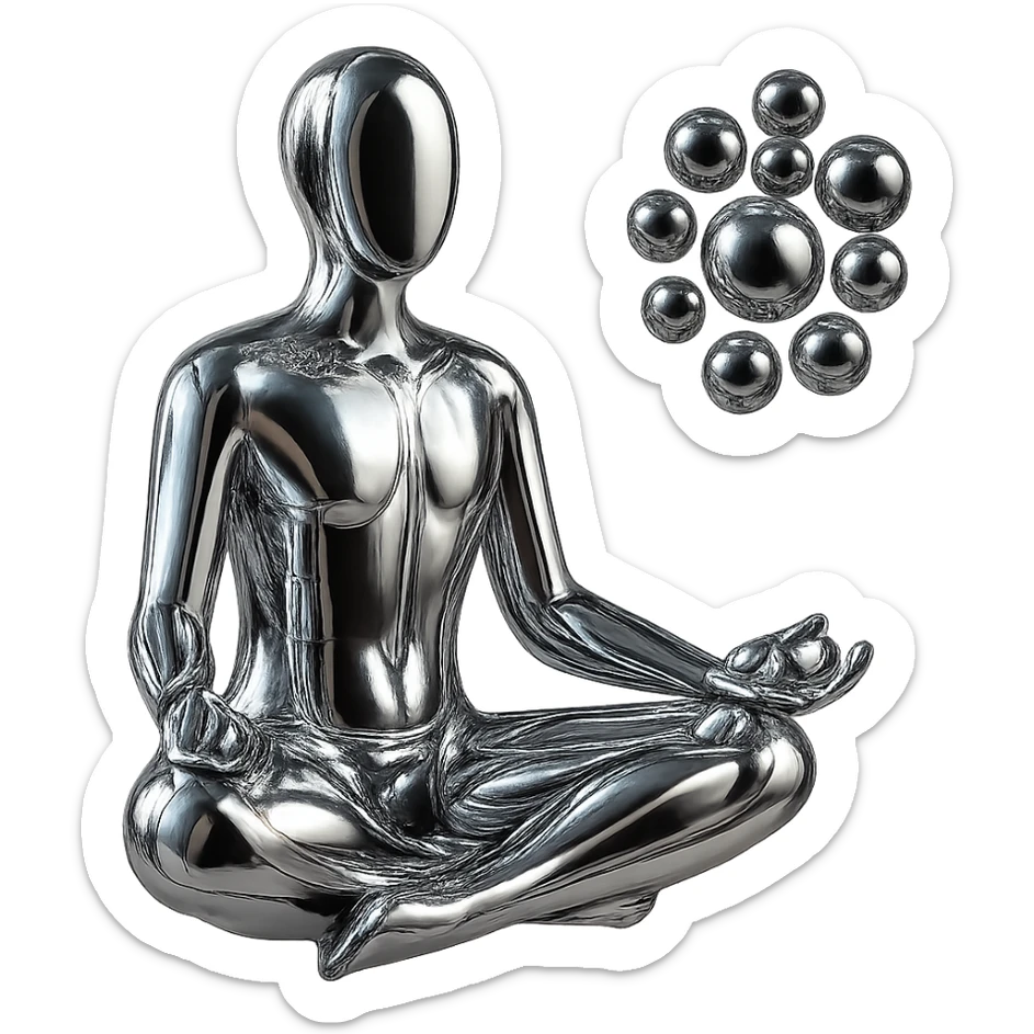 reflective chrome silhouette of a meditating person with a cluster of chrome spheres floating nearby, highly metallic sticker