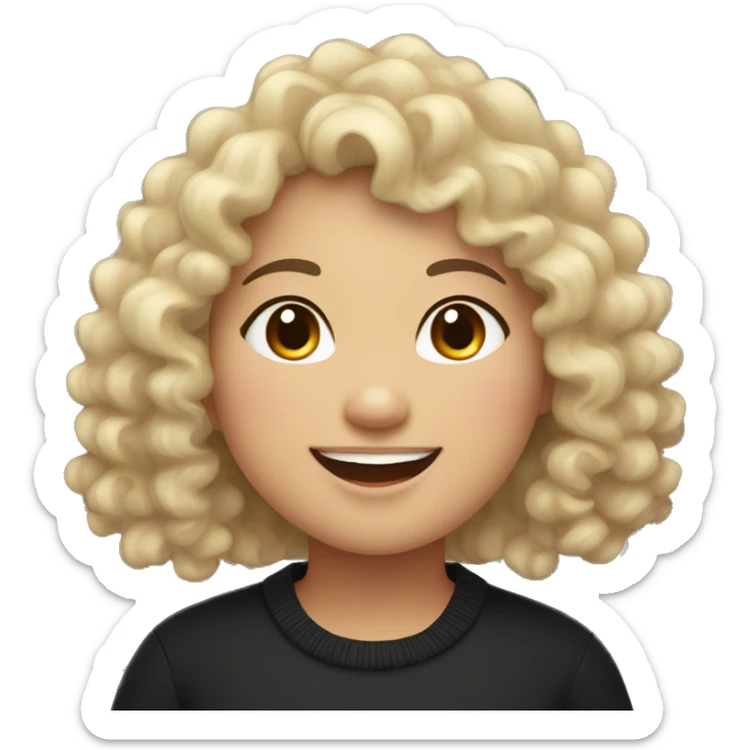 asian chubby curly haired girl smiling with teeth, wearing black sweater  sticker