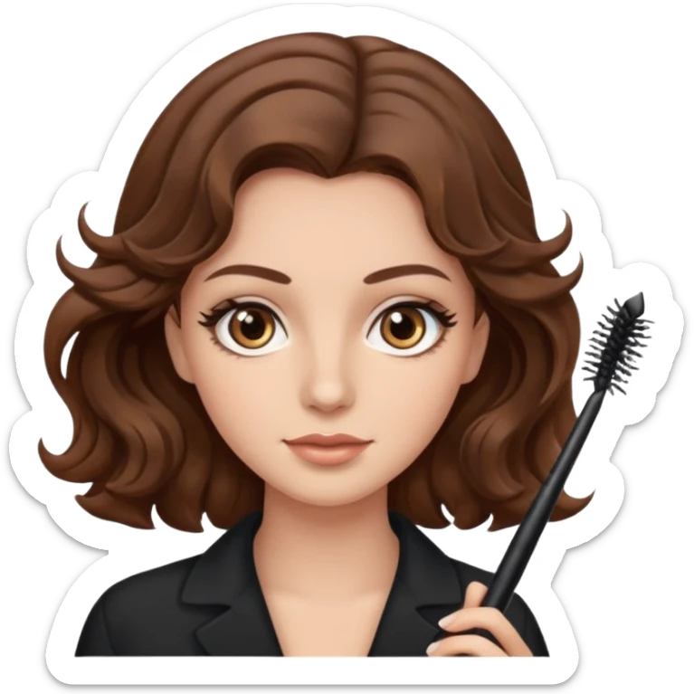 Cabello ondulado castaño ojos color café claro con una máscara de pestañas en la mano sticker