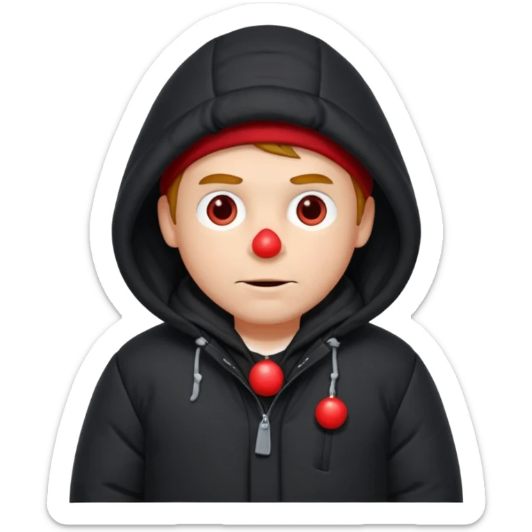 A man sitting on a chair, wearing a puffed coat with hood, hands in his pocket, freezing in the winter sticker