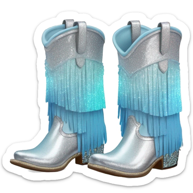 Realistic silver and pastel blue ombre pair of fashion cowgirl boots with sparkly shiny glitter fringe on them. sticker