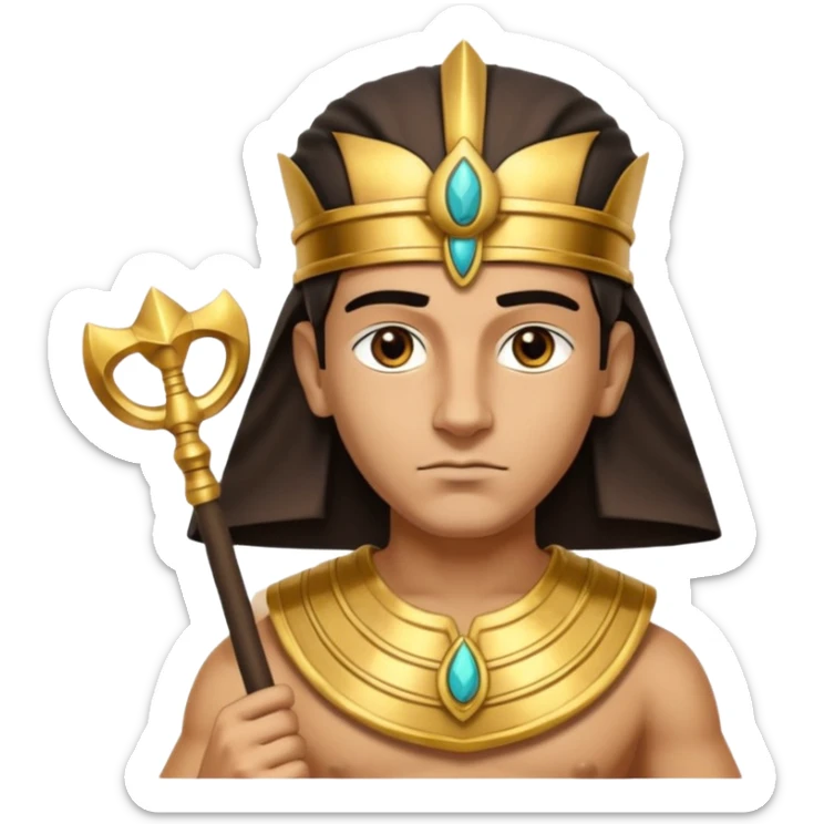 A regal pharaoh with golden headdress, calm stern eyes, and holding a crook and flail with authority.
 sticker