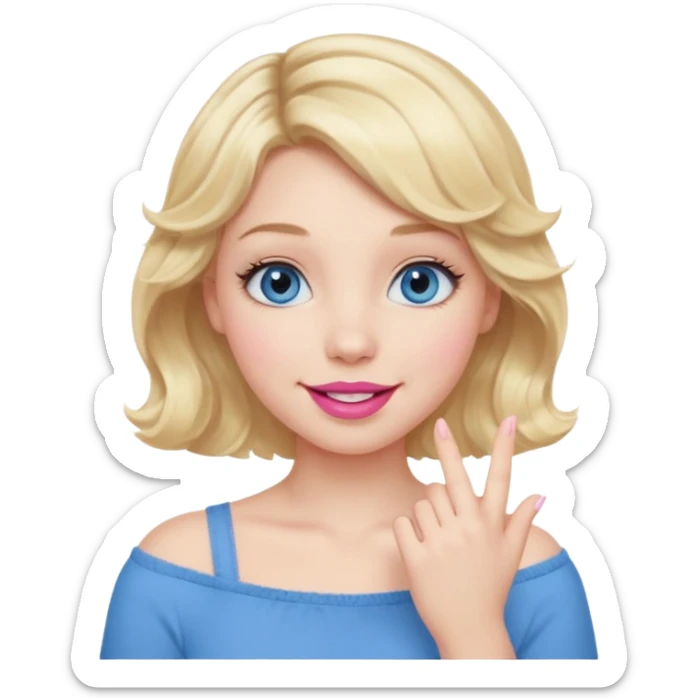 Girl Blonde short wavy hair,  blue eyes, cute blue top, long lashes, pink lips, smiling, hand over the mouth sticker