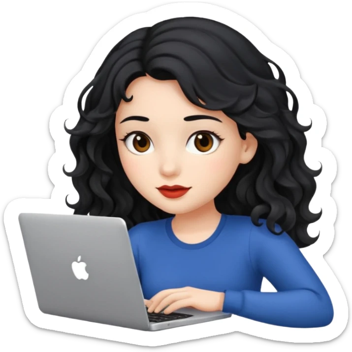 Beautiful girl, with black hair, with wavy hair, and with a laptop  sticker