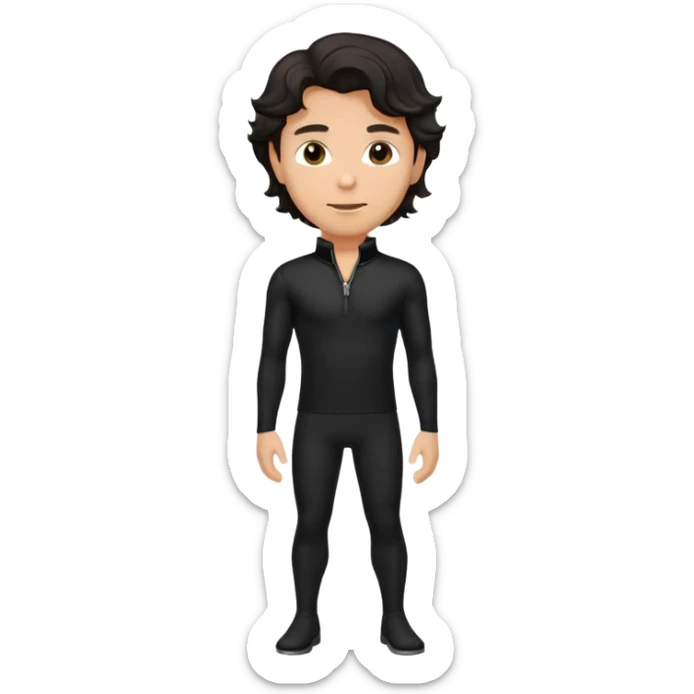 Caucasian man with black wavy hair wearing a long sleeve black spandex shirt with collar and zip to the chest sticker