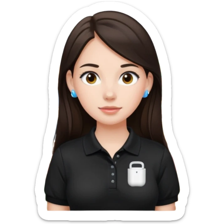 Girl with long dark brown hair with airpods wearing a black wegmans grocery store polo sticker