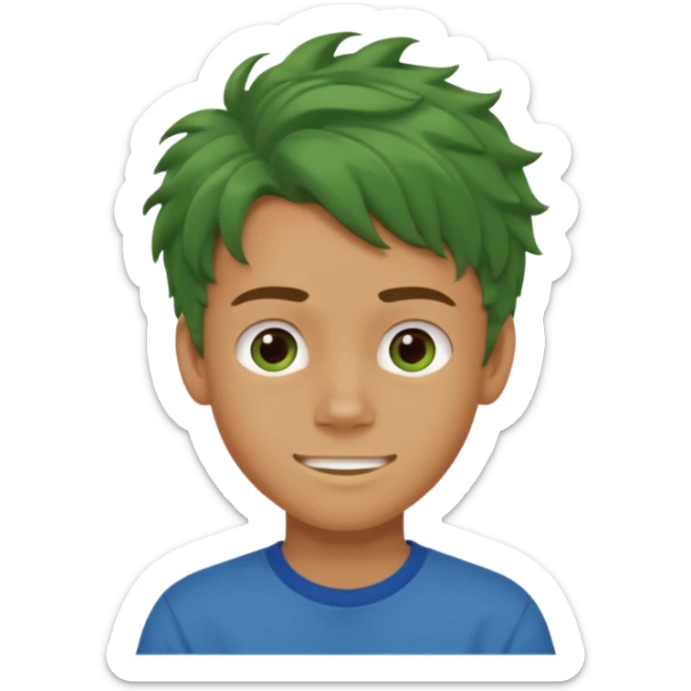 A 14 yerar old teenage boy, tanned, wearing a green t-shirt , blue jeans and green sneakers with brown wavy tousled hair, smirking sticker